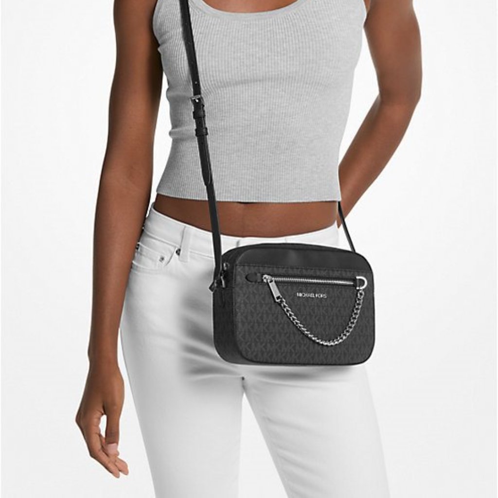 Nwt Michael Kors Jet Set Large Logo Crossbody Bag Black Silver 35s1sttc9b